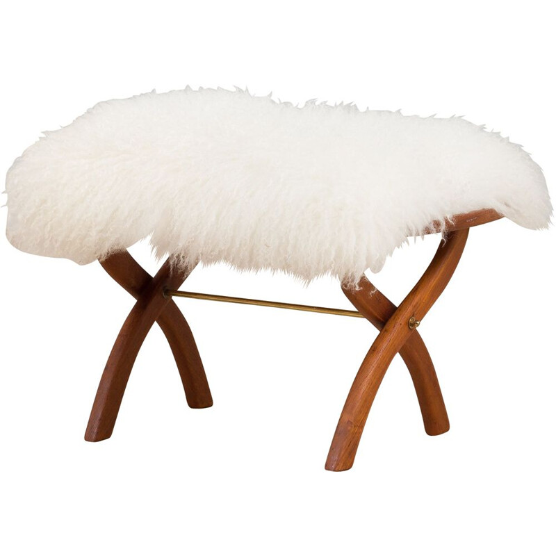 Mid-century danish solid teak stool in natural long hair white sheepskin, 1950s