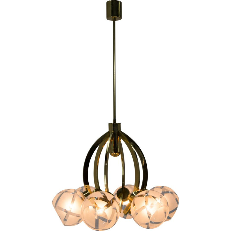 Vintage brass and glass 6-flame chandelier, 1980