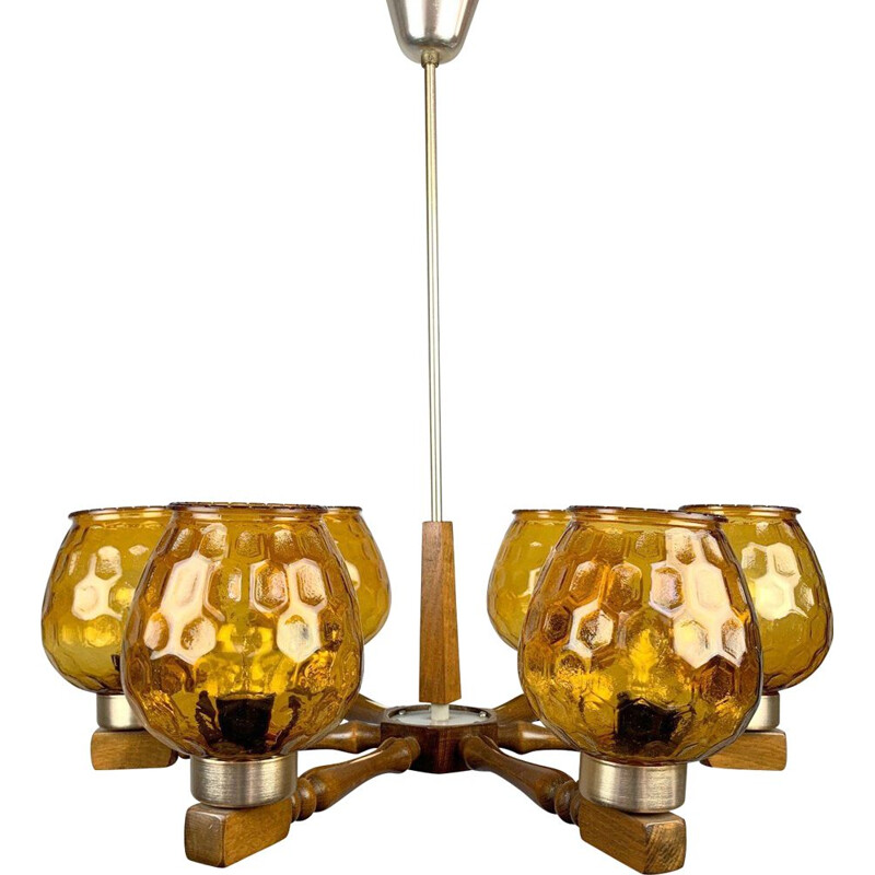 Candelabro de madeira e vidro vintage, 1970