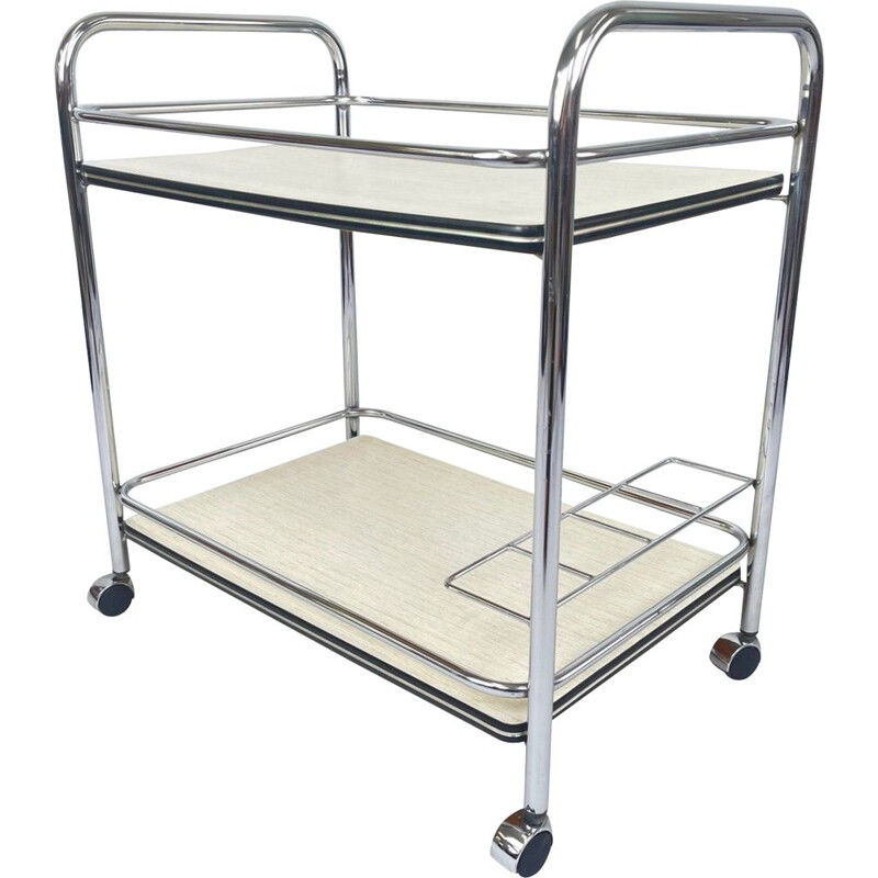 Vintage chrome and plywood serving cart, 1980s 