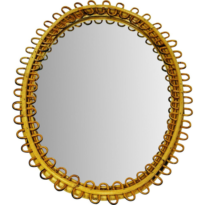 Italian mid-century oval bamboo and rattan mirror by Franco Albini