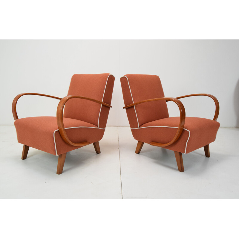 Pair of vintage wood and fabric armchairs by Jindrich Halabala, Czechoslovakia 1950