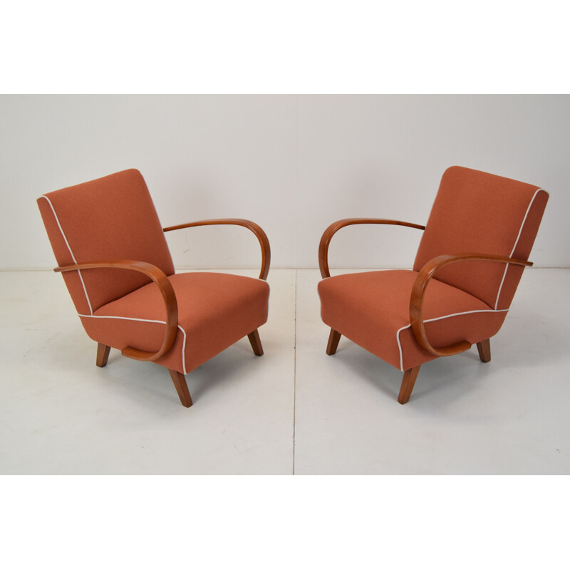 Pair of vintage wood and fabric armchairs by Jindrich Halabala, Czechoslovakia 1950