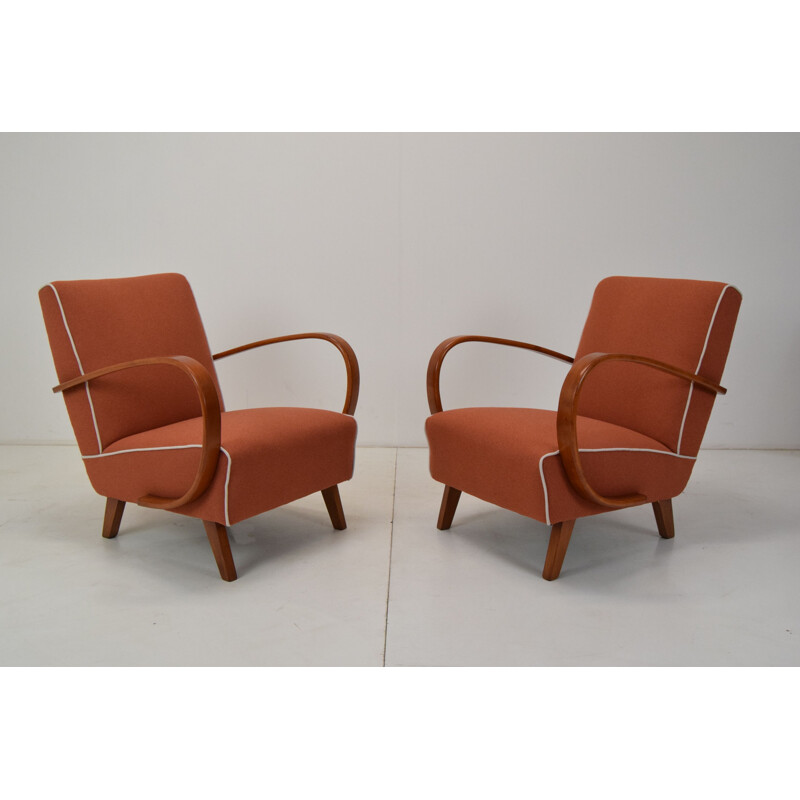 Pair of vintage wood and fabric armchairs by Jindrich Halabala, Czechoslovakia 1950