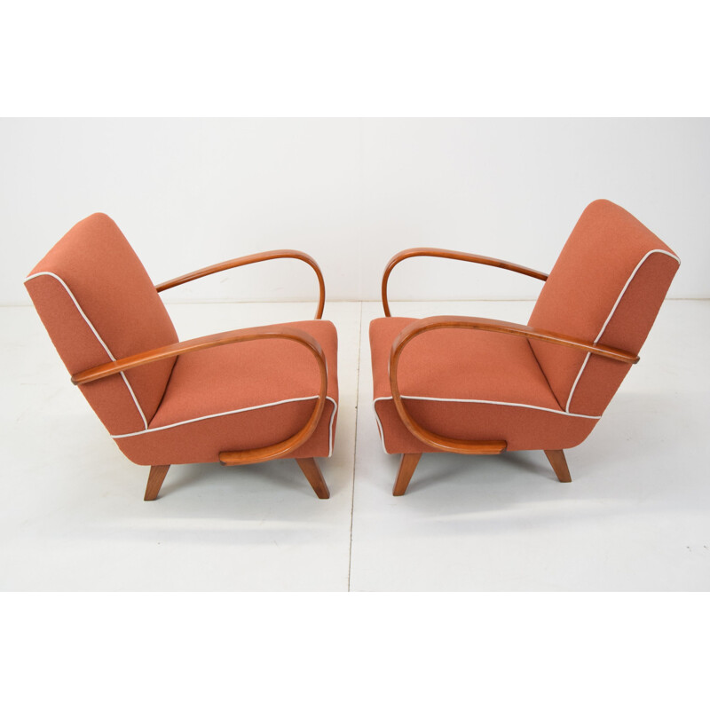 Pair of vintage wood and fabric armchairs by Jindrich Halabala, Czechoslovakia 1950