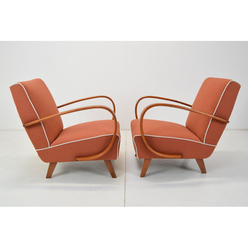 Pair of vintage wood and fabric armchairs by Jindrich Halabala, Czechoslovakia 1950