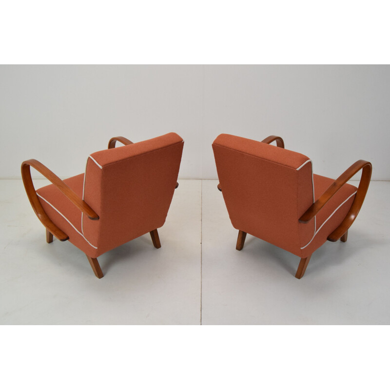 Pair of vintage wood and fabric armchairs by Jindrich Halabala, Czechoslovakia 1950