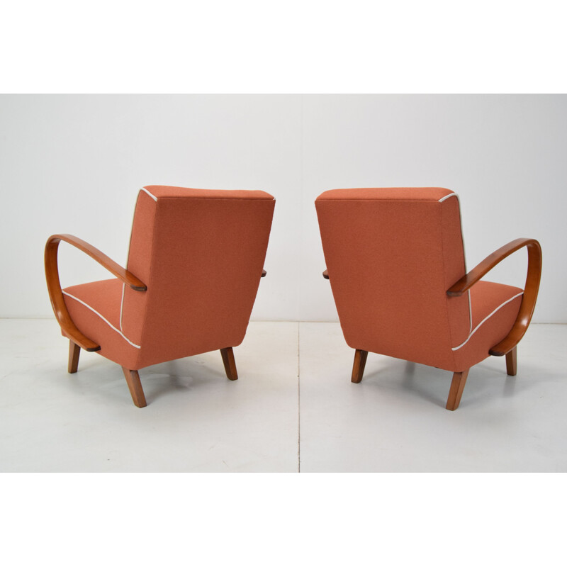 Pair of vintage wood and fabric armchairs by Jindrich Halabala, Czechoslovakia 1950