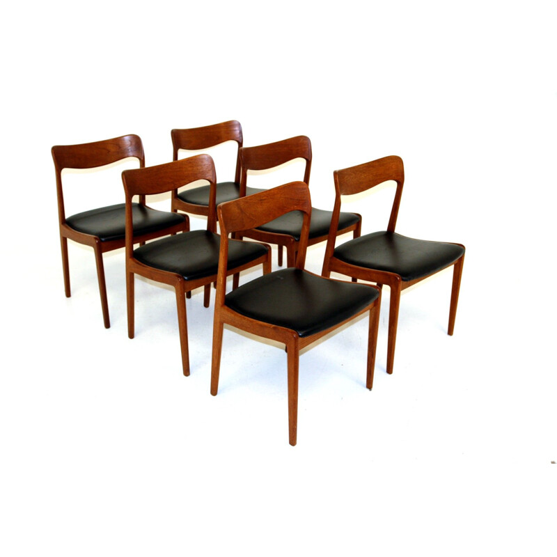 Set of 6 vintage teak and black leather chairs, Denmark 1960