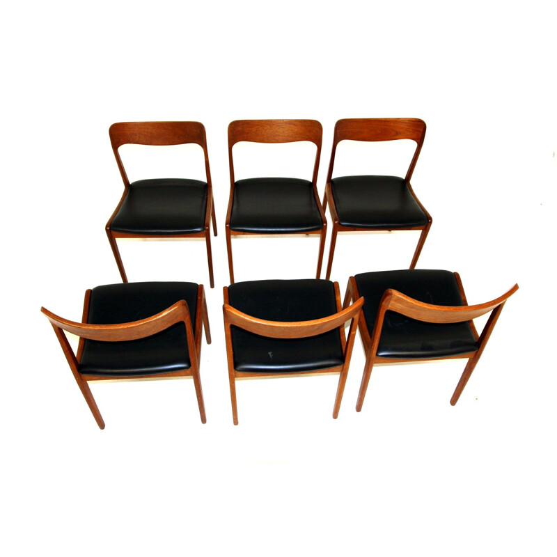 Set of 6 vintage teak and black leather chairs, Denmark 1960