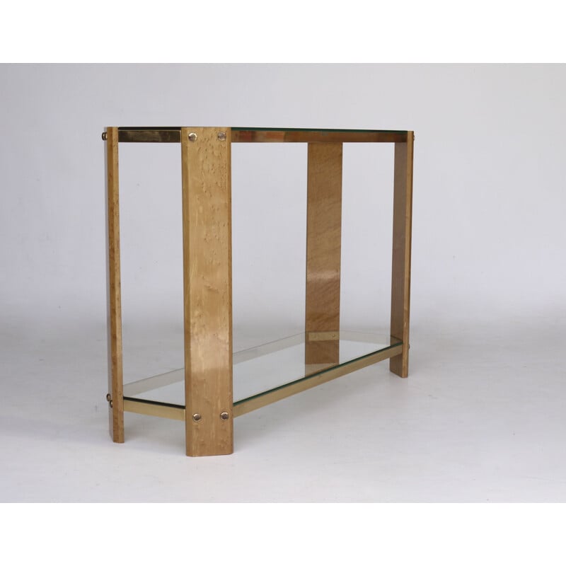 Vintage Italian maple wood and brass console, 1970s