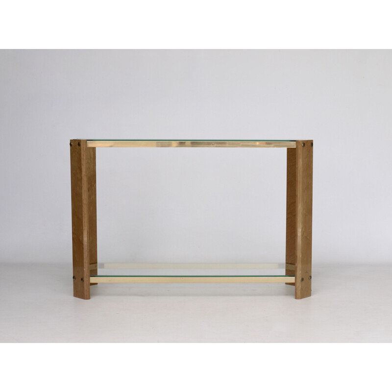 Vintage Italian maple wood and brass console, 1970s
