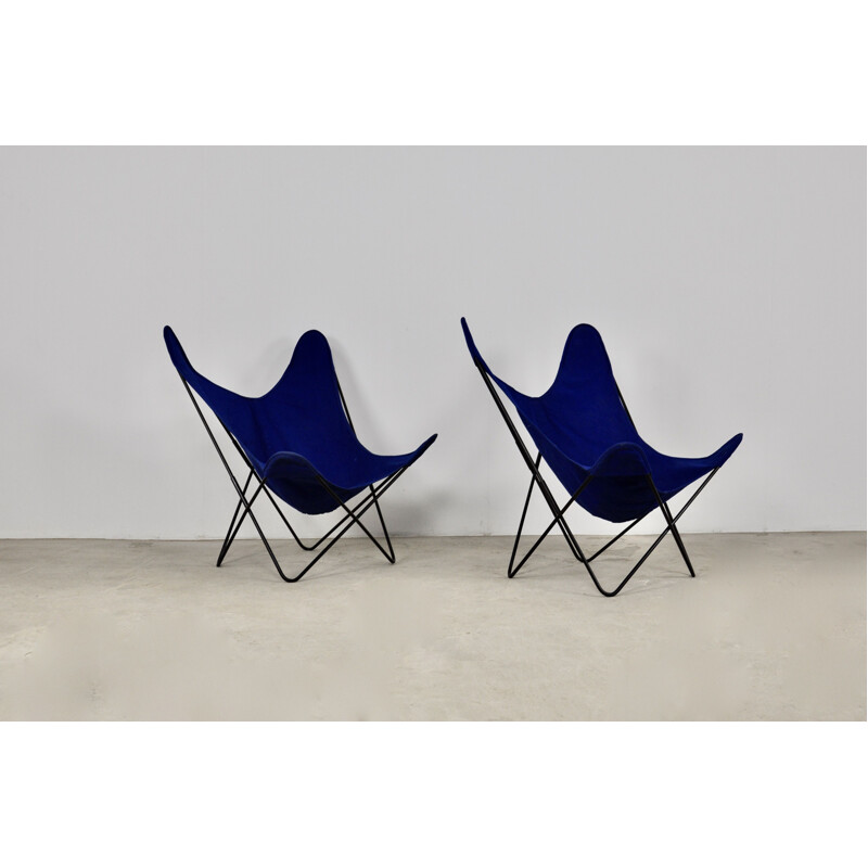 Pareja de sillones vintage de metal y tela azul de Jorge Ferrari-Hardoy para Knoll Inc.