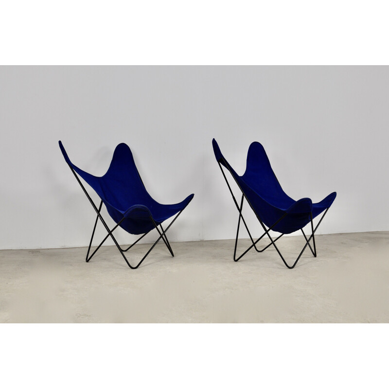 Paar vintage metalen en blauwe stoffen fauteuils van Jorge Ferrari-Hardoy voor Knoll Inc.