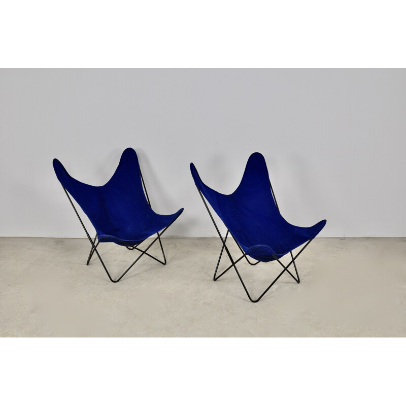 Paar vintage metalen en blauwe stoffen fauteuils van Jorge Ferrari-Hardoy voor Knoll Inc.