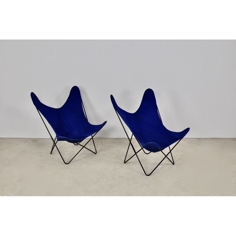 Pareja de sillones vintage de metal y tela azul de Jorge Ferrari-Hardoy para Knoll Inc.