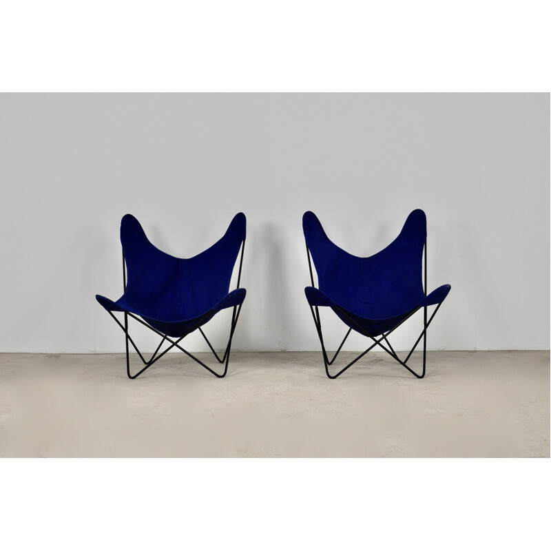Pair of vintage metal and blue fabric armchairs by Jorge Ferrari-Hardoy for Knoll Inc