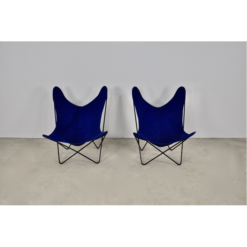 Pair of vintage metal and blue fabric armchairs by Jorge Ferrari-Hardoy for Knoll Inc