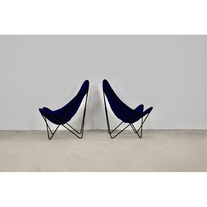 Paar vintage metalen en blauwe stoffen fauteuils van Jorge Ferrari-Hardoy voor Knoll Inc.