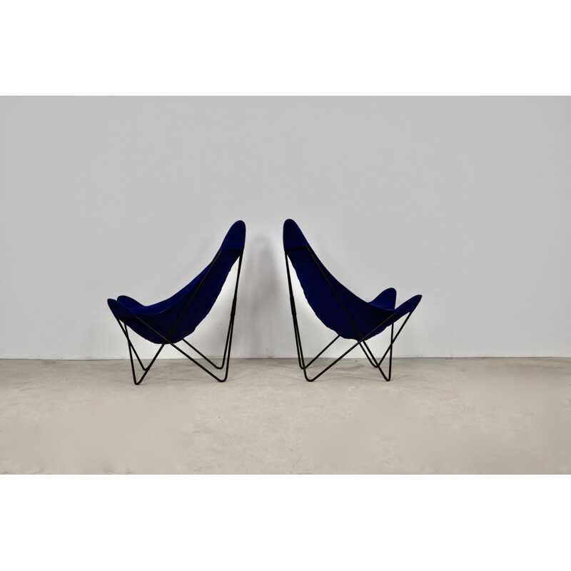 Pareja de sillones vintage de metal y tela azul de Jorge Ferrari-Hardoy para Knoll Inc.