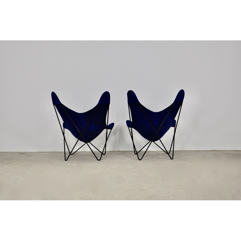 Paar vintage metalen en blauwe stoffen fauteuils van Jorge Ferrari-Hardoy voor Knoll Inc.