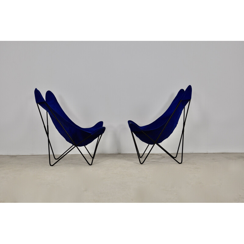 Paar vintage metalen en blauwe stoffen fauteuils van Jorge Ferrari-Hardoy voor Knoll Inc.