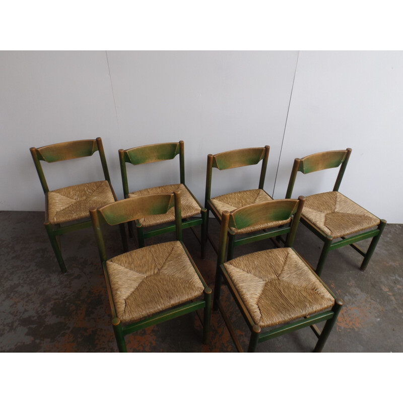 6 Italian vintage wooden and rush dining chairs, 1970s