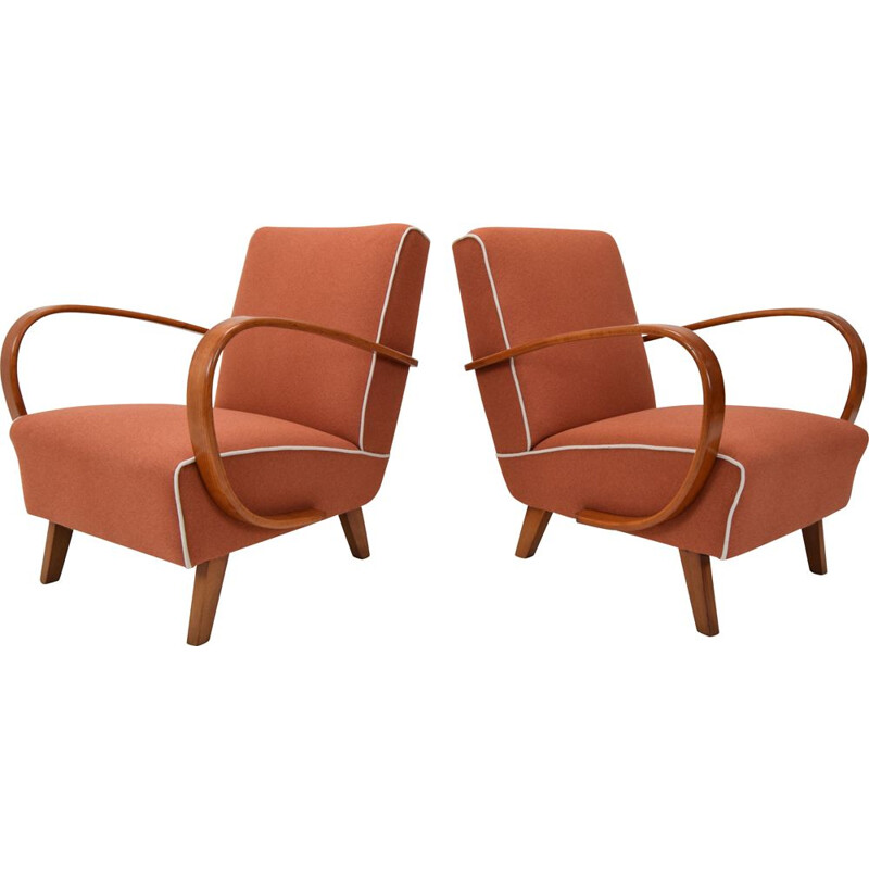 Pair of vintage wood and fabric armchairs by Jindrich Halabala, Czechoslovakia 1950