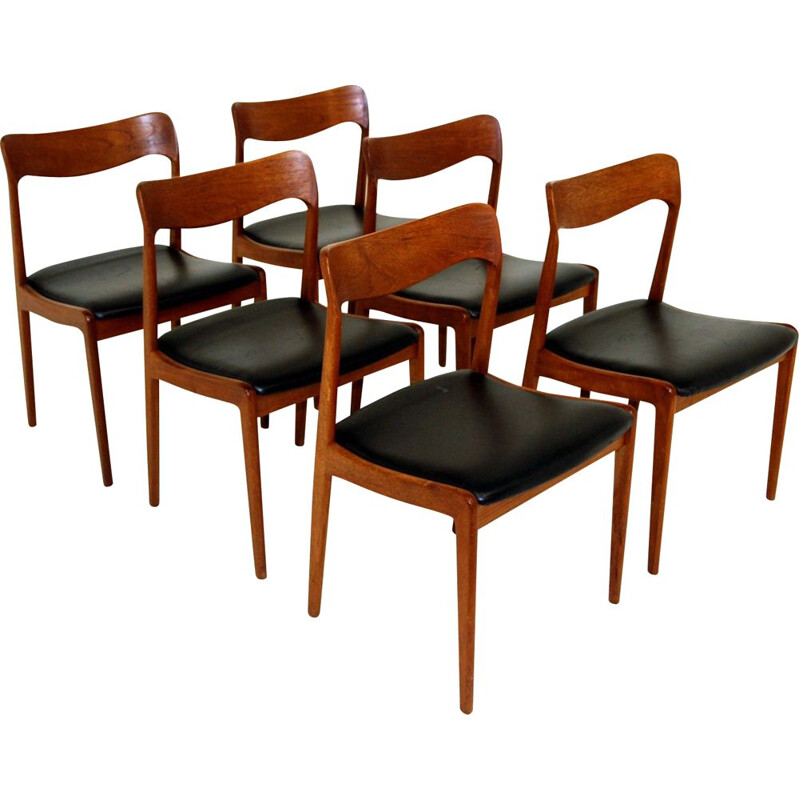 Lot de 6 chaises vintage en teck et cuir noir, Danemark 1960