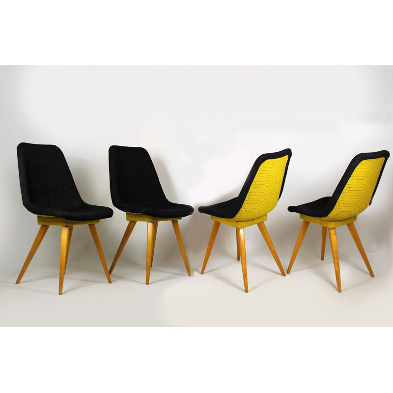 Set van 4 vintage grijze en gele stoelen van Drevovyroba Ostrava, Tsjechoslowakije 1960