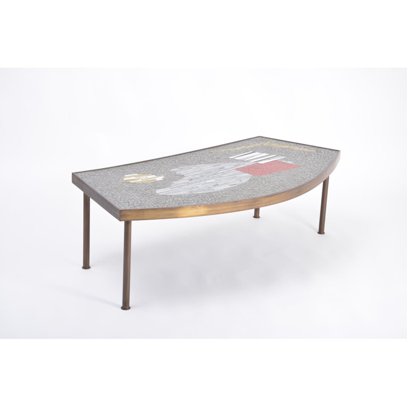 Table basse vintage en mosaïque et laiton par Berthold Muuller-Oerlinghausen, 1950