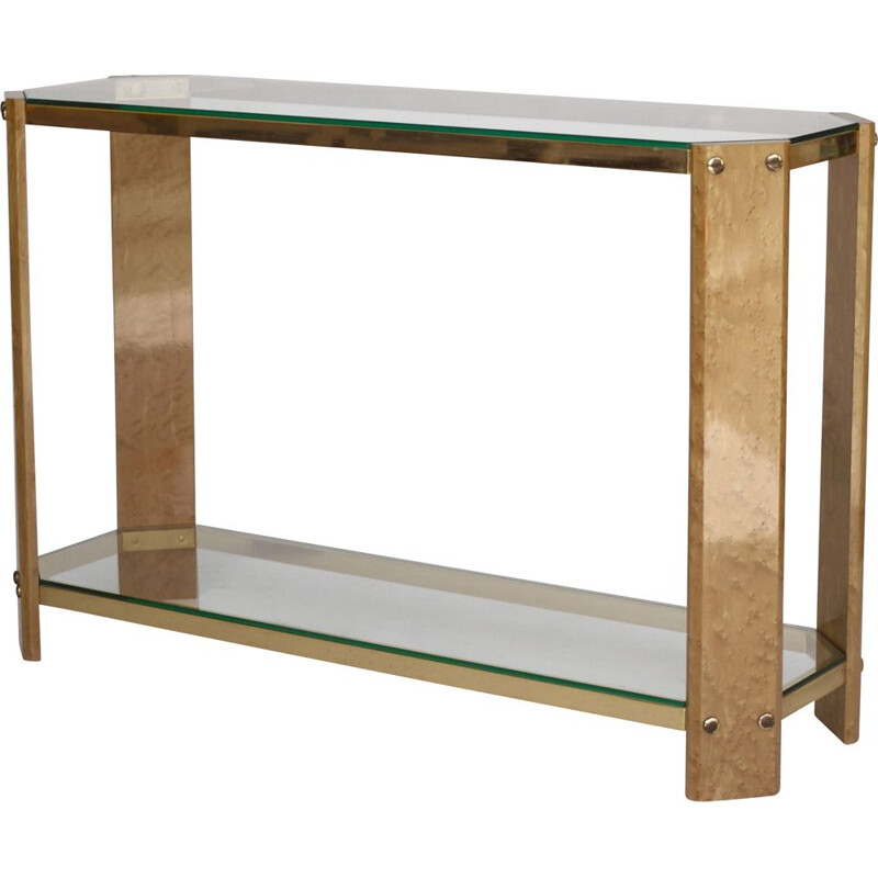 Vintage Italian maple wood and brass console, 1970s