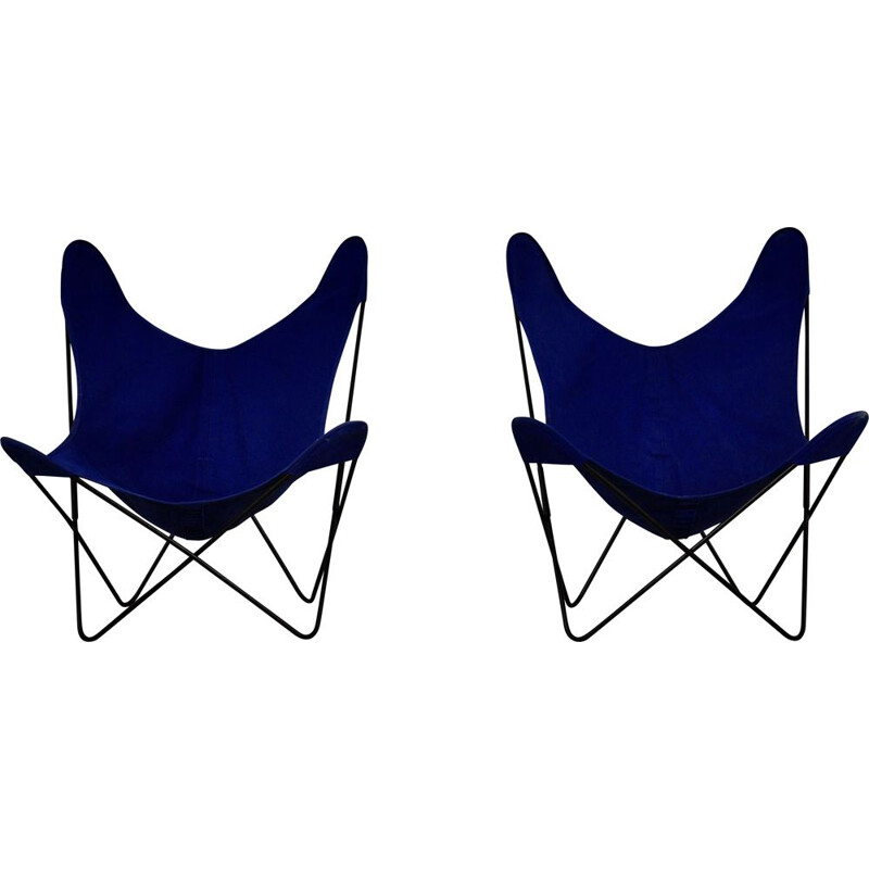 Paar vintage metalen en blauwe stoffen fauteuils van Jorge Ferrari-Hardoy voor Knoll Inc.