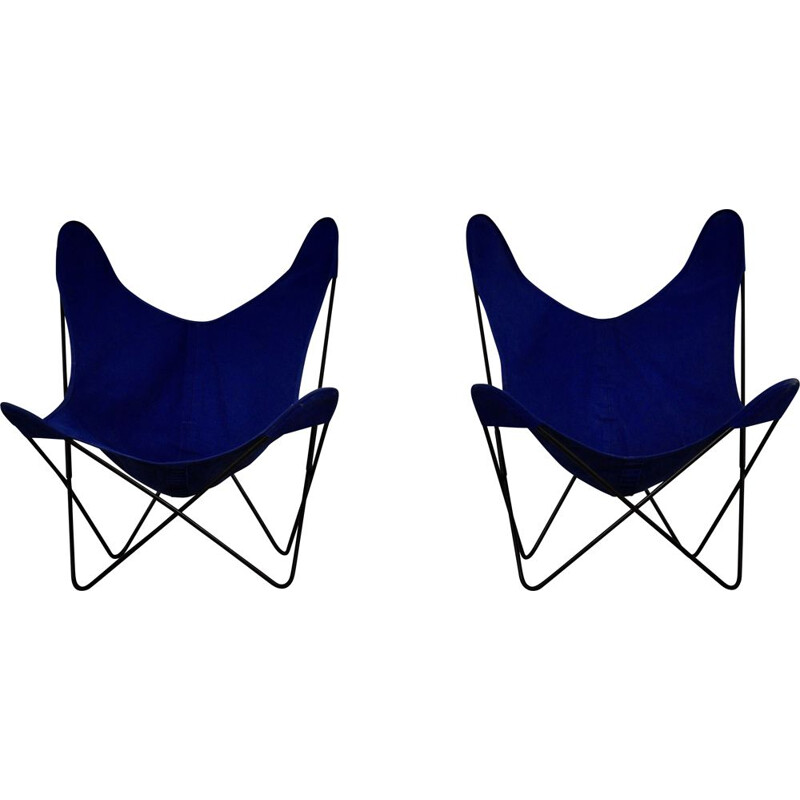 Pair of vintage metal and blue fabric armchairs by Jorge Ferrari-Hardoy for Knoll Inc