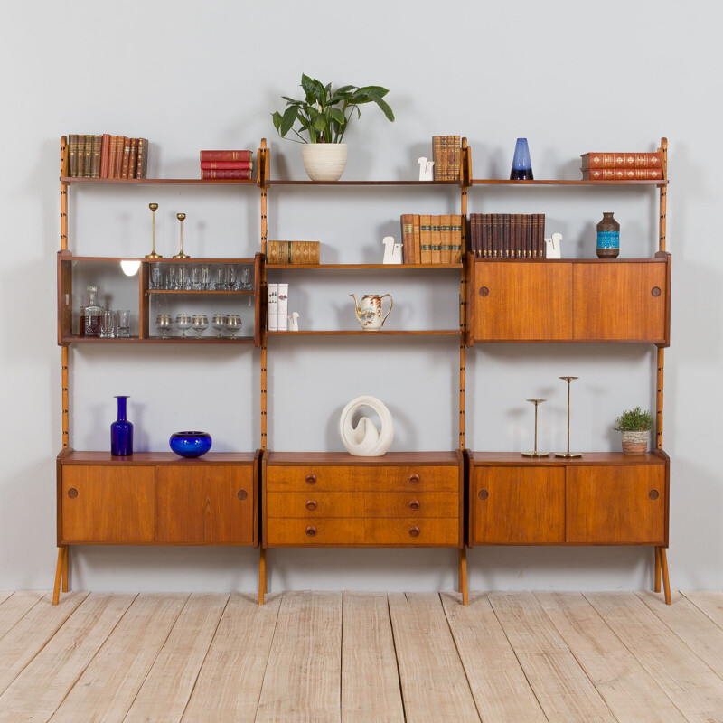 Three bay teak vintage Ergo modular wall unit by John Texmon for Blindheim Møbelfabrikk, 1970s