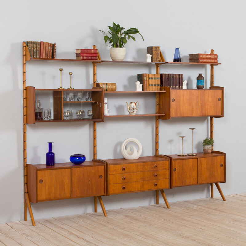 Three bay teak vintage Ergo modular wall unit by John Texmon for Blindheim Møbelfabrikk, 1970s