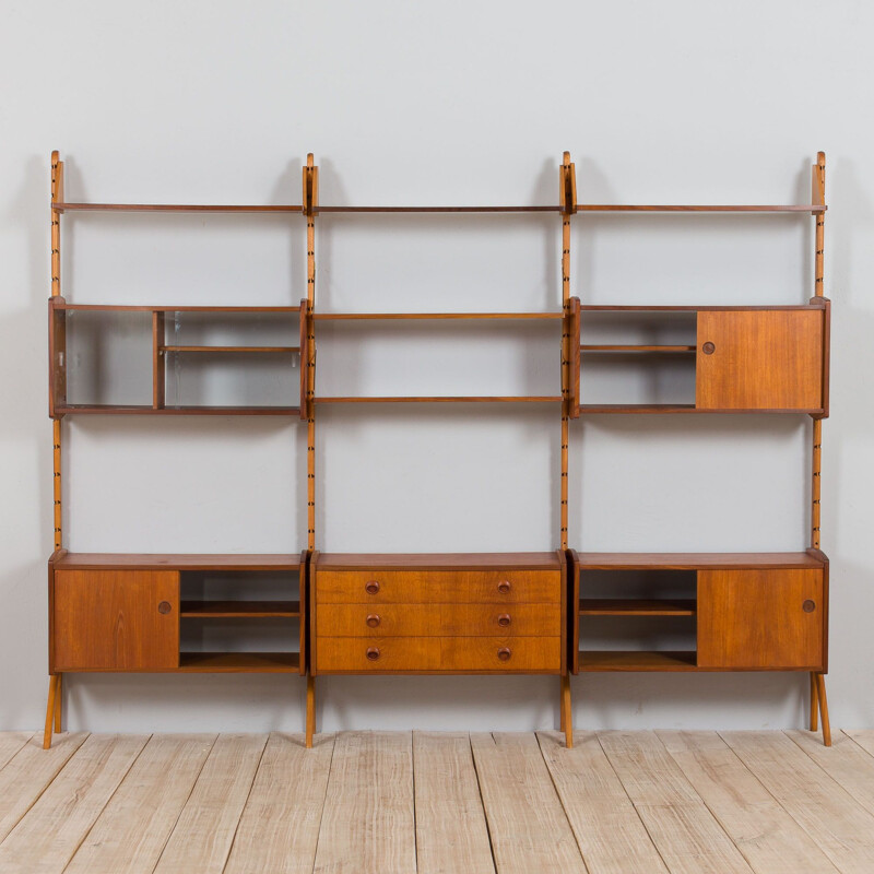 Three bay teak vintage Ergo modular wall unit by John Texmon for Blindheim Møbelfabrikk, 1970s