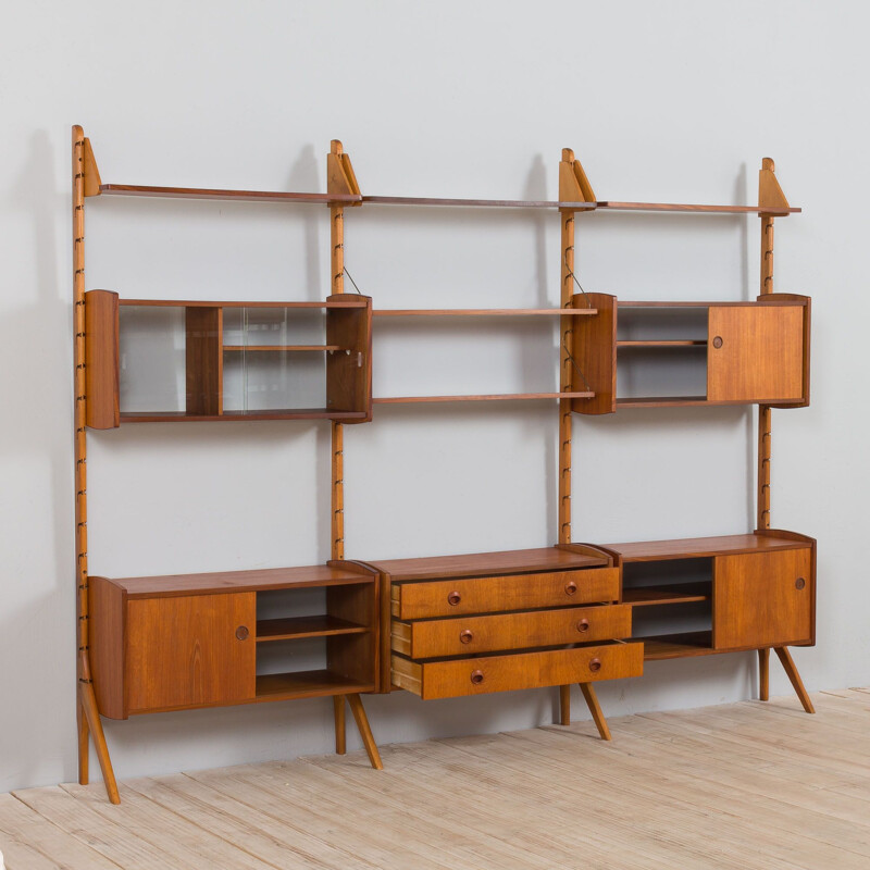 Three bay teak vintage Ergo modular wall unit by John Texmon for Blindheim Møbelfabrikk, 1970s