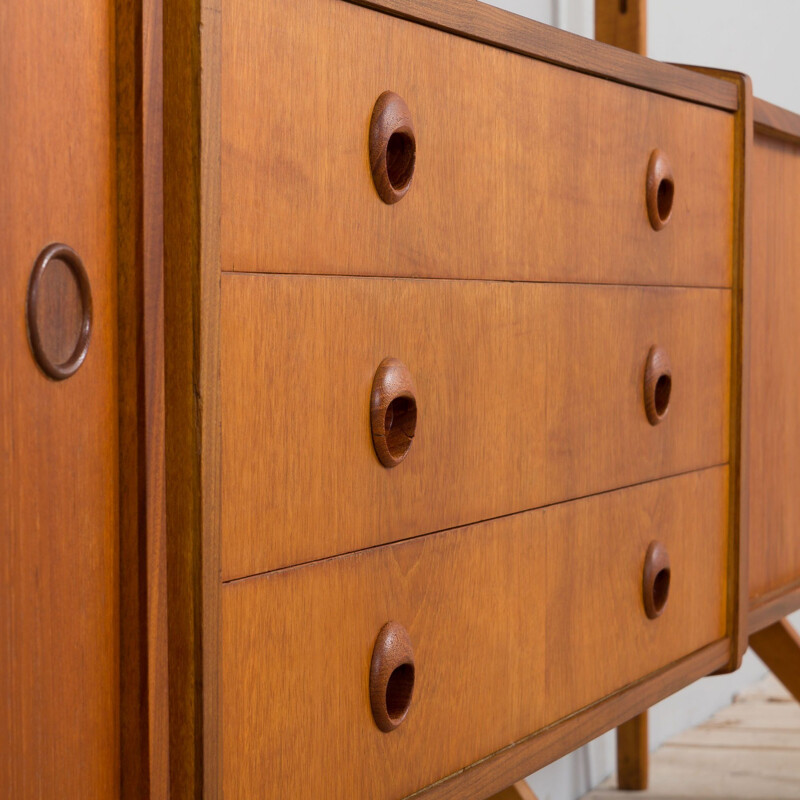 Three bay teak vintage Ergo modular wall unit by John Texmon for Blindheim Møbelfabrikk, 1970s