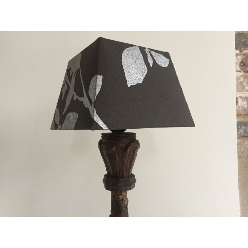 Vintage lamp in carved wood and fabric