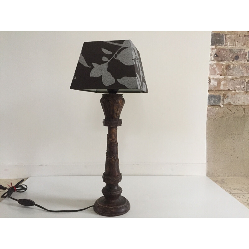 Vintage lamp in carved wood and fabric