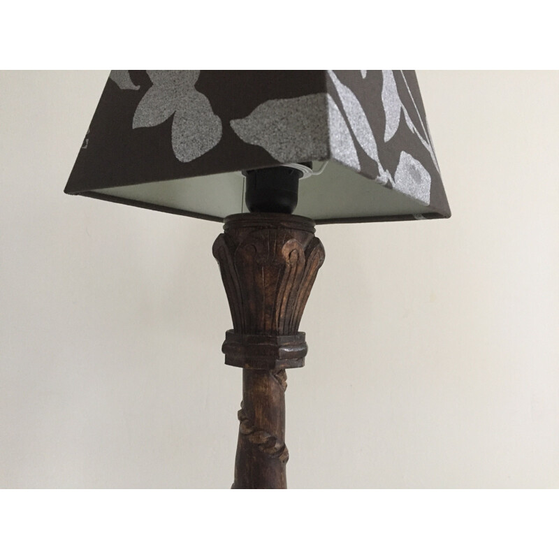 Vintage lamp in carved wood and fabric