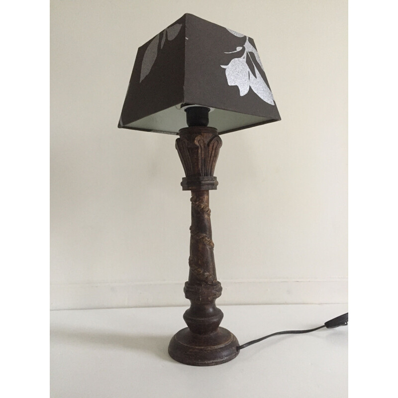 Vintage lamp in carved wood and fabric