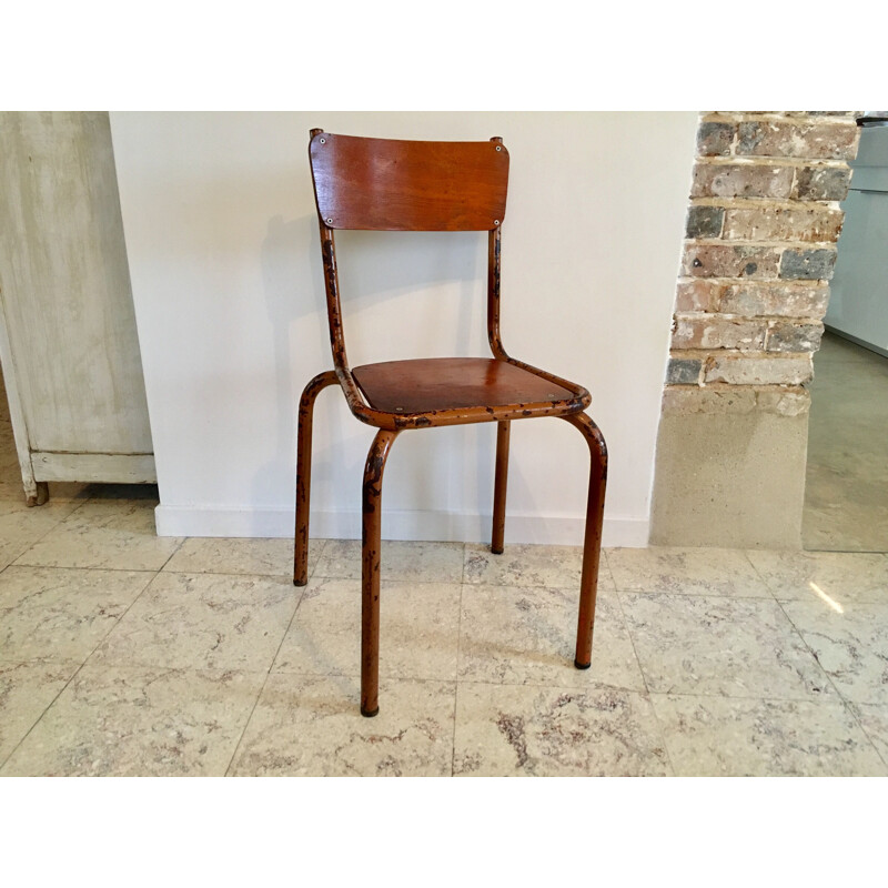 Silla escolar vintage de tubo de acero y madera