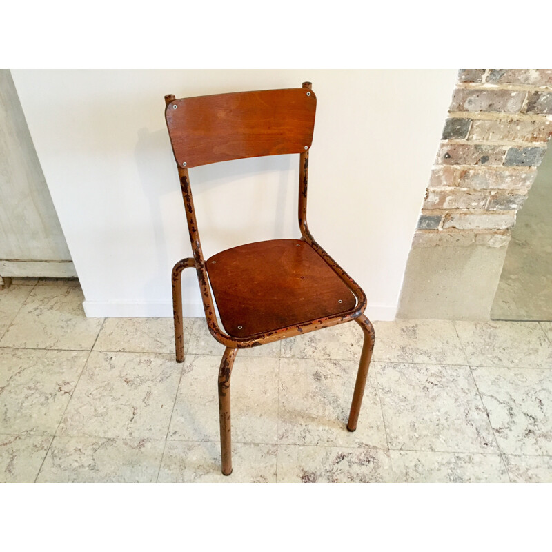 Silla escolar vintage de tubo de acero y madera