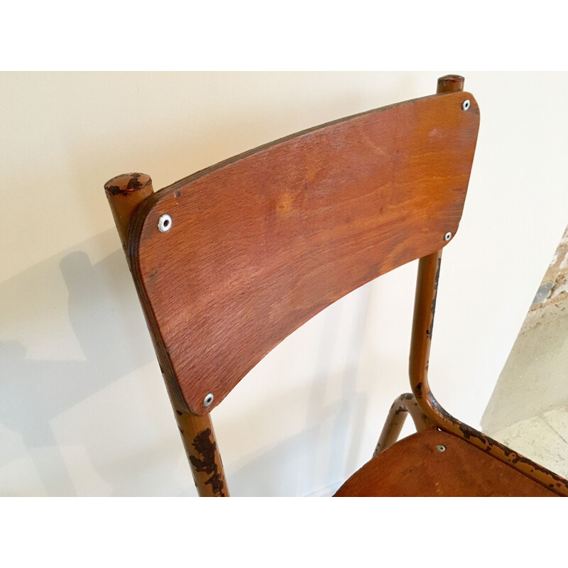 Chaise d'école vintage en acier tubulaire et bois