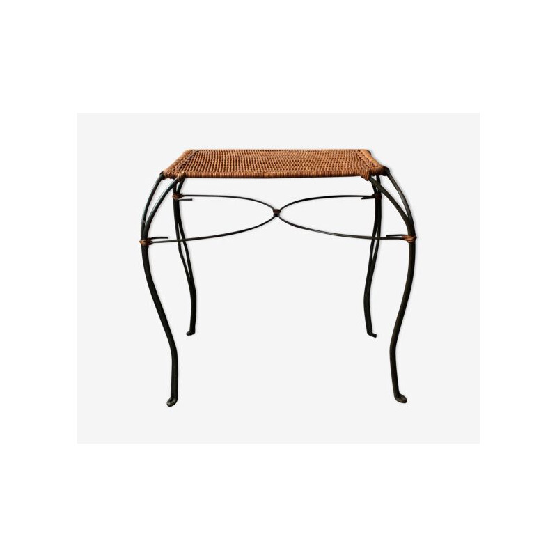 Vintage woven rattan and wrought iron side table