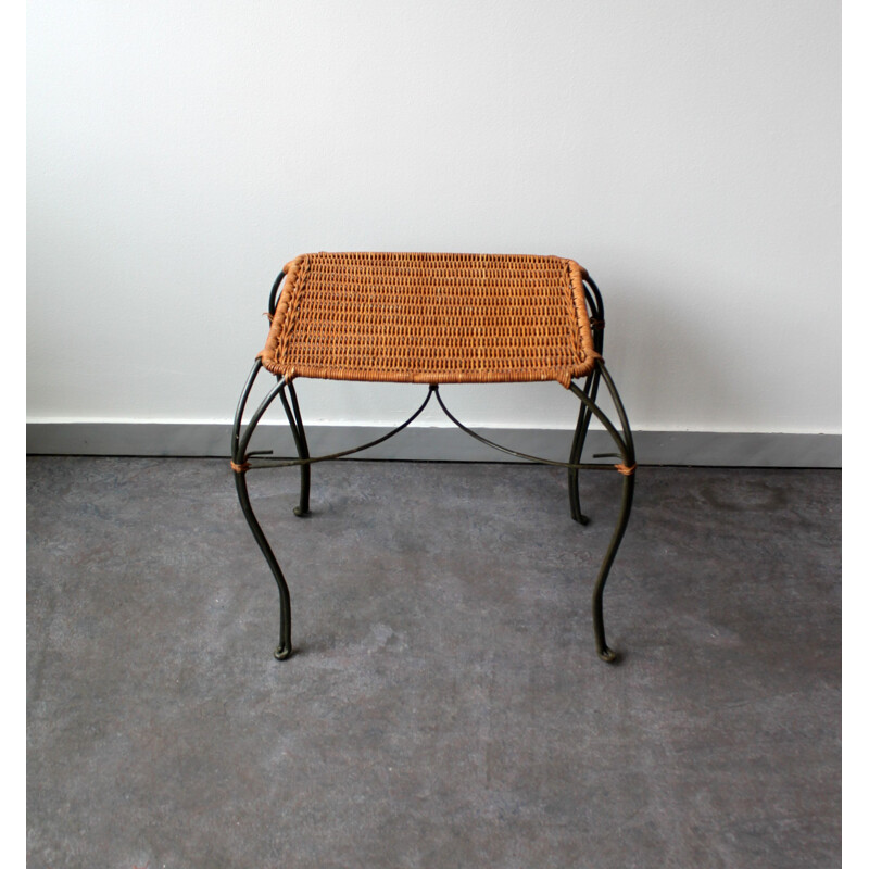 Vintage woven rattan and wrought iron side table