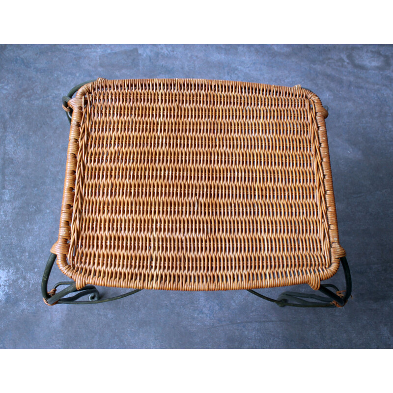 Vintage woven rattan and wrought iron side table