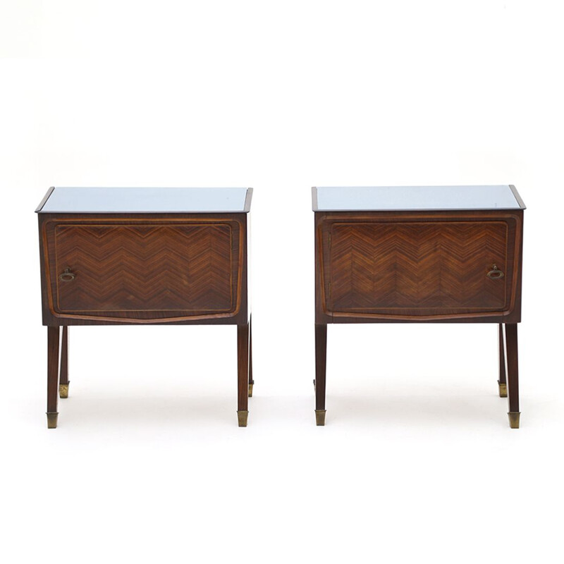 Pair of vintage wooden night stands and glass top, 1950s